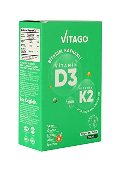 Vitago Vitamin D3 (1000 IU) + Vitamin K2 İçeren 20 ml Bitkisel Bazlı Sprey (1)