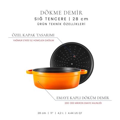 Voeux Kitchenware Amusant Turuncu Sığ Döküm Tencere 28 Cm