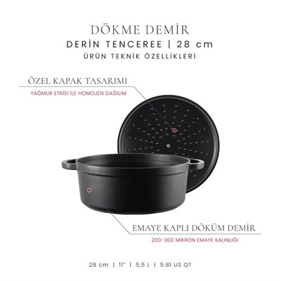 Voeux Kitchenware Elegance Siyah Derin Döküm Tencere 28 Cm