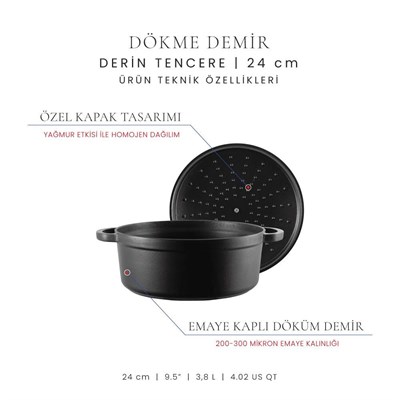 Voeux Kitchenware Elegance Siyah Derin Döküm Tencere 24 Cm
