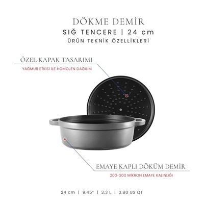 Voeux Kitchenware Gracieuse Gri Sığ Döküm Tencere 24 Cm