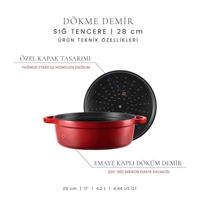 Voeux Kitchenware Lamour Kırmızı Sığ Döküm Tencere 28 Cm
