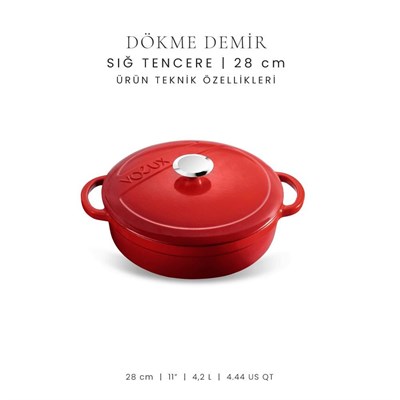Voeux Kitchenware Lamour Kırmızı Sığ Döküm Tencere 28 Cm