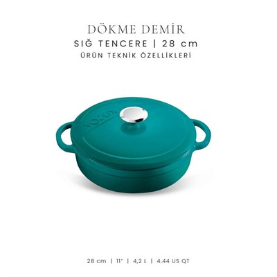 Voeux Kitchenware Profond Turkuaz Sığ Döküm Tencere 28 Cm