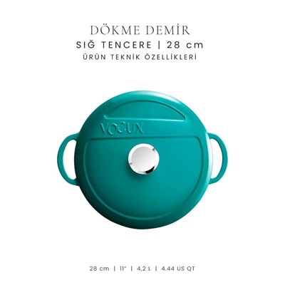 Voeux Kitchenware Profond Turkuaz Sığ Döküm Tencere 28 Cm