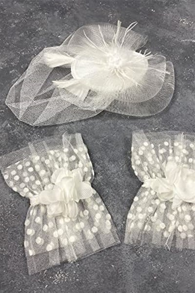 Vualet Nikah Şapkası Gelin Saç Aksesuarı Ve Havin Taşlı Çift Bilek Aksesuarı