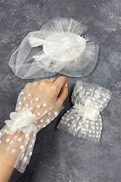 Vualet Nikah Şapkası Gelin Saç Aksesuarı Ve Havin Taşlı Çift Bilek Aksesuarı