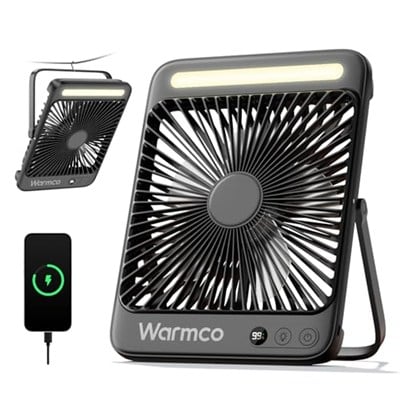 Warmco 20000mAh 8 inç Taşınabilir Kamp Fanı, 48 Saat Maksimum Çalışma Süresi, LED Işık, Sessiz İnce Pille Çalışan Kişisel Masa Fanı Ofis, Seyahat, Yatak Odası, Dış Mekan için Dijital Ekranlı