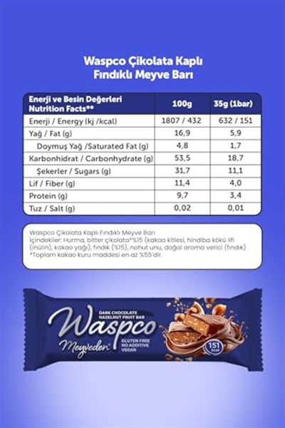 Waspco Bitter Çikolata Kaplı Fındıklı Meyve Bar 35g x 12 Adet