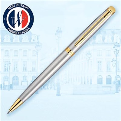 Waterman Hemisphere Paslanmaz Çelik Altın Tasarımlı Tükenmez Kalem, Orta Kalınlıkta Uç, Mavi Mürekkep