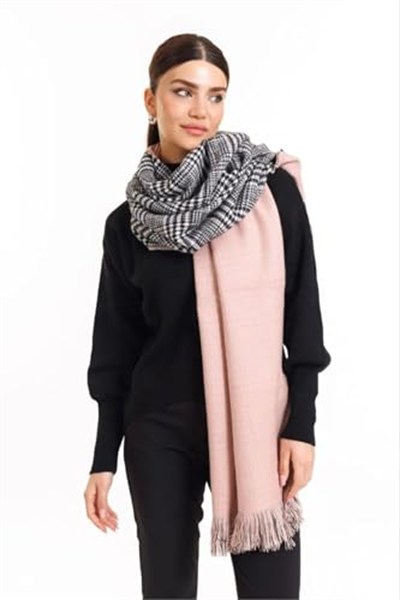 Wearflawless Ekose Desenli Yün Dokulu Çift Taraflı Atkı Şal pudra Tek Ebat
