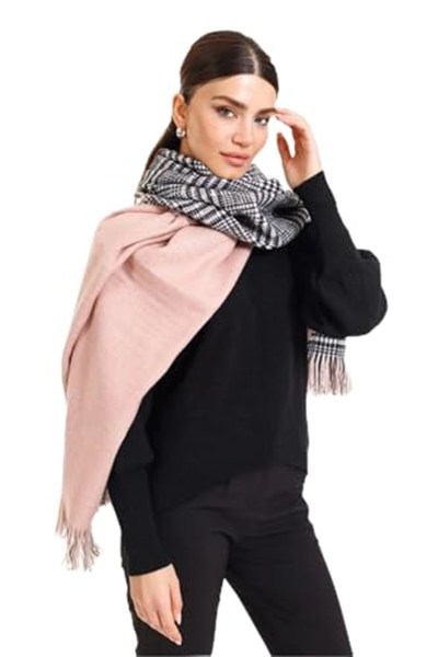 Wearflawless Ekose Desenli Yün Dokulu Çift Taraflı Atkı Şal pudra Tek Ebat