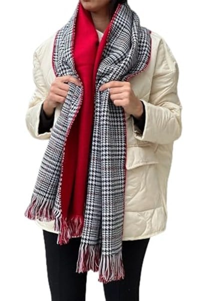Wearflawless Ekose Desenli Yün Dokulu Çift Taraflı Atkı Şal-1