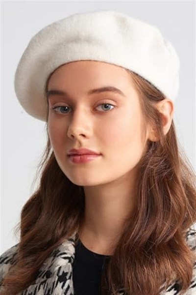 Wearflawless Fransız Ressam Bere Yün Keçe Ressam Şapka Bere Ekru Beyaz Beyaz Standart