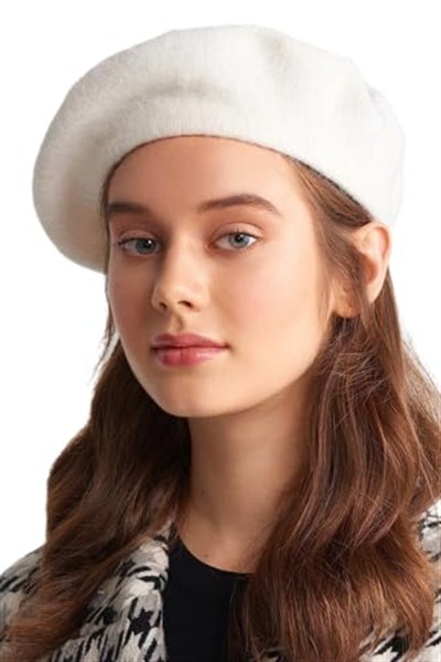 Wearflawless Fransız Ressam Bere Yün Keçe Ressam Şapka Bere Ekru Beyaz Beyaz Standart