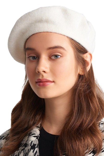Wearflawless Fransız Ressam Bere Yün Keçe Ressam Şapka Bere Ekru Beyaz Beyaz Standart