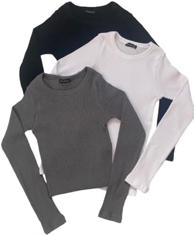 Wearflawless Kadın%100 PAMUKLU 3lü Bisiklet Yaka Uzun Kollu Fitilli Bluz Set-1