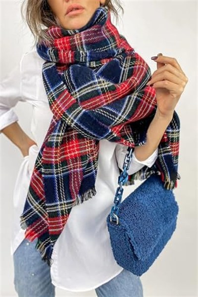 Wearflawless Yumuşak Dokulu Çizgili Atkı Unisex lacivert ekoseli Tek Ebat