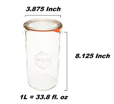 Weck Kavanoz 974 - Büyük Saklama Kapasiteli 1,5 L Cam Kavanozlar - Hava Geçirmez Kapaklı Kavanozlar Dekapaj için Uygun - Isıya Dayanıklı Konserve Kavanozları - Mikrodalga Kasa - (Cam Kapaklı 1