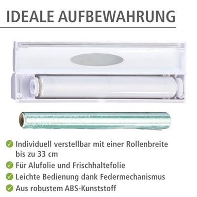WENKO Folyo kesici Perfect-Cutter, taze tutma folyosu ve alüminyum folyo için pratik rulo, plastik folyo dağıtıcı, 38 x 5,2 x 6,7 cm, beyaz