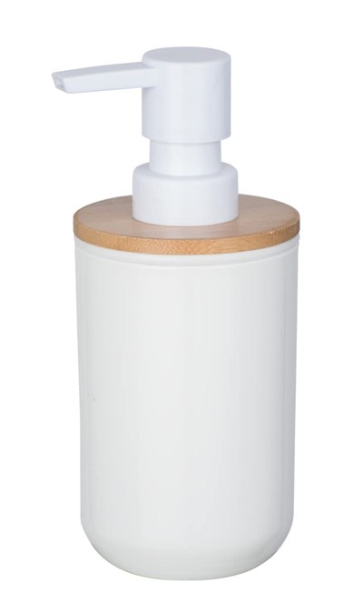 WENKO Posa sabunluk, sıvı sabun, losyon veya deterjan için doldurulabilir pompalı dağıtıcı, sürdürülebilir bambu desenli beyaz plastik, (G x Y x D): 7 x 16,5 x 8 cm, kapasite yaklaşık 330 ml