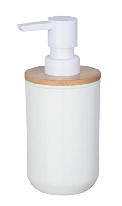 WENKO Posa sabunluk, sıvı sabun, losyon veya deterjan için doldurulabilir pompalı dağıtıcı, sürdürülebilir bambu desenli beyaz plastik, (G x Y x D): 7 x 16,5 x 8 cm, kapasite yaklaşık 330 ml
