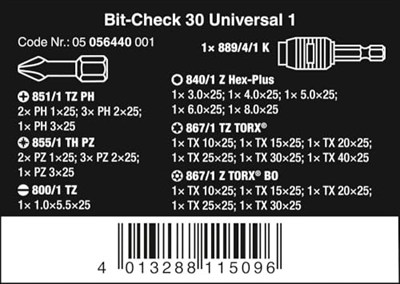 Wera Uç Çeşitleri, Bit-Check, 30 Universal 1, 30 Parça, 05056440001