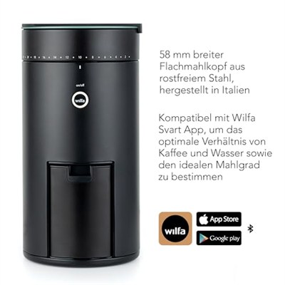 Wilfa SVART UNIFORM+ Elektrikli Kahve Öğütücü I 41 Öğütme Derecesi I 58 mm Paslanmaz Çelik Düz Öğütme Başlığı I Tartı Dahil I Zamanlayıcı ve Otomatik Durdurma I Antistatik Kap I Uygulama Kontrolü I