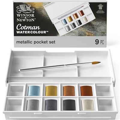 Winsor & Newton Cotman Suluboya Boya Seti, 8 Yarım Tava, Metalik Renkler Fırçalı