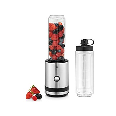 WMF Kitchenminis Smoothie-to-go, Smoothie Maker klein, Mini Standmixer mit zwei Mix-/Trinkbehältern 0,6l, 300 W, edelstahl matt