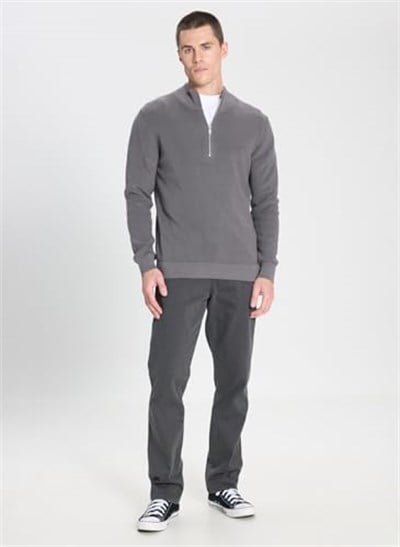 Wrangler Erkek Regular Fit Fermuarlı Yaka, Uzun Kollu Triko Kazak, Gri
