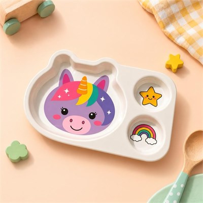 Wumboo 3 Bölmeli Hayvan Desenli Melamin Çocuk Tabağı-ekstra Dayanıklı Bpa Free Beslenme Tabağı- Unicorn
