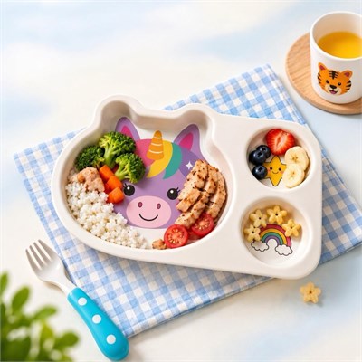 Wumboo 3 Bölmeli Hayvan Desenli Melamin Çocuk Tabağı-ekstra Dayanıklı Bpa Free Beslenme Tabağı- Unicorn