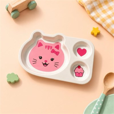 Wumboo 3 Bölmeli Hayvan Desenli Melamin Çocuk Tabağı-ekstra Dayanıklı Bpa Free Beslenme Tabağı- Pembe Kedi