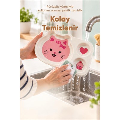 Wumboo 3 Bölmeli Hayvan Desenli Melamin Çocuk Tabağı-ekstra Dayanıklı Bpa Free Beslenme Tabağı- Pembe Kedi