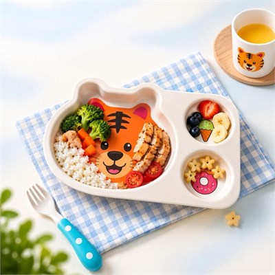 Wumboo 3 Bölmeli Hayvan Desenli Melamin Çocuk Tabağı-ekstra Dayanıklı Bpa Free Beslenme Tabağı- Kaplan