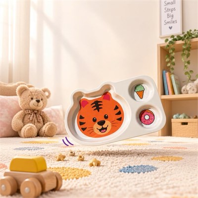 Wumboo 3 Bölmeli Hayvan Desenli Melamin Çocuk Tabağı-ekstra Dayanıklı Bpa Free Beslenme Tabağı- Kaplan