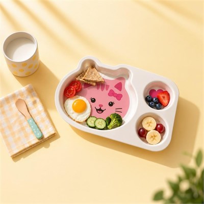Wumboo 3 Bölmeli Hayvan Desenli Melamin Çocuk Tabağı-ekstra Dayanıklı Bpa Free Beslenme Tabağı- Pembe Kedi