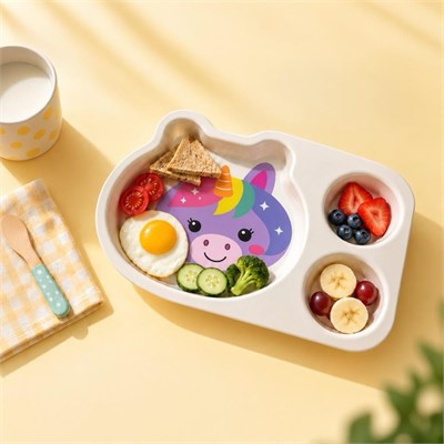 Wumboo 3 Bölmeli Hayvan Desenli Melamin Çocuk Tabağı-ekstra Dayanıklı Bpa Free Beslenme Tabağı- Unicorn