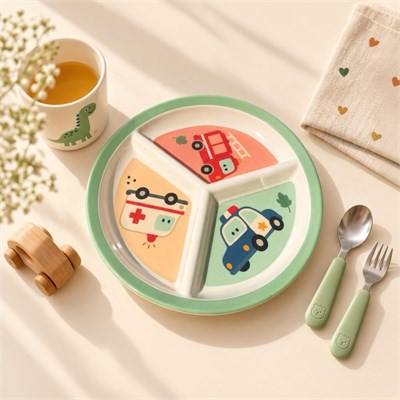 Wumboo 3 Bölmeli Melamin Çocuk Tabağı-mama Tabağı-ekstra Dayanıklı Bpa Free Beslenme Tabağı- Araba