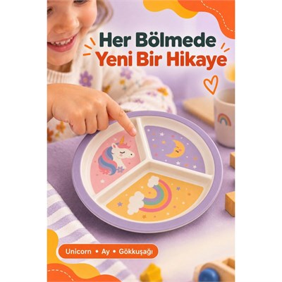 Wumboo 3 Bölmeli Melamin Çocuk Tabağı-mama Tabağı-ekstra Dayanıklı Bpa Free Beslenme Tabağı- Unicorn