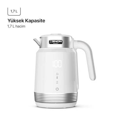 Xenon Smart Akıllı Kettle Paslanmaz Çelik Çift Katmanlı Mobil Uygulama Kontrollü Dijital Dokunmatik Otomatik Kapanma Hızlı Kaynatma Kolay Temizlik Kaçak Akım Korumalı Su Isıtıcı 1.7 Lt (Beyaz) X7102
