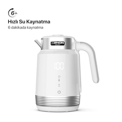 Xenon Smart Akıllı Kettle Paslanmaz Çelik Çift Katmanlı Mobil Uygulama Kontrollü Dijital Dokunmatik Otomatik Kapanma Hızlı Kaynatma Kolay Temizlik Kaçak Akım Korumalı Su Isıtıcı 1.7 Lt (Beyaz) X7102