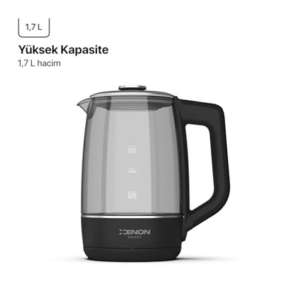 Xenon Smart Akıllı Kettle Paslanmaz Çelik Mobil Uygulama Kontrollü Otomatik Kapanma Hızlı Kaynatma Kolay Temizlik Kaçak Akım Korumalı Led Işıklı Cam Hazneli Su Isıtıcısı 1.7 Lt (Siyah) X7103