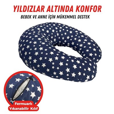 XPERMATE Bebek Emzirme Yastığı Bebek Destek Minderi Fermuarlı Yıkanabilir Kılıf 55x60 (Yıldızlı Lacivert)