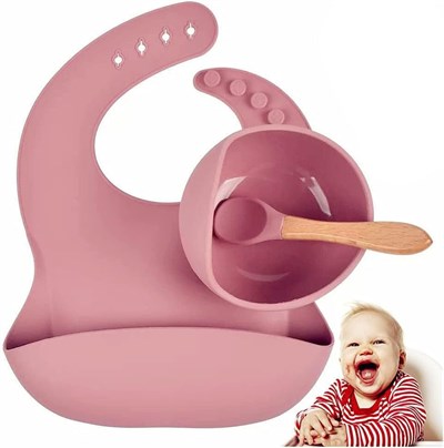 Xspring Silikon bebek beslenme seti, bebek kasesi, ayarlanabilir mama önlüğü, bebek kaşıkları içeren set, yürümeye başlayan çocuklar için silikon beslenme seti (pembe)