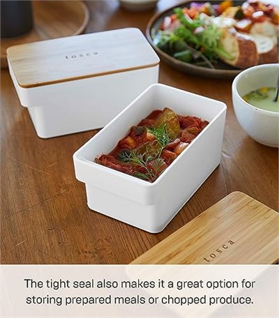 YAMAZAKI Home Tereyağı Kabı Gıda Saklama Kabı Buzdolabı veya Tezgah Üstü için Saplı ve Sızdırmaz Kapaklı | Plastik + Ahşap, Tek Boyut, Beyaz
