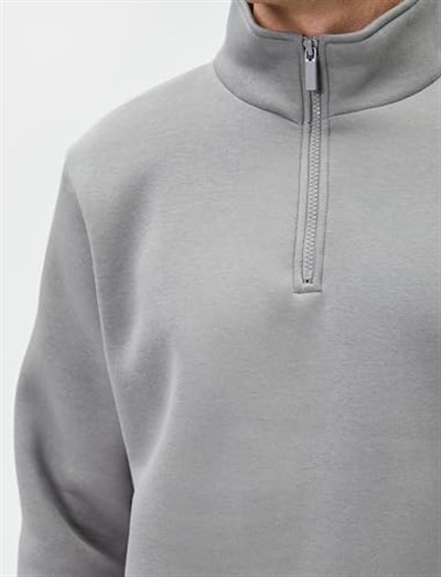Yarım Fermuarlı Sweatshirt Basic Dik Yaka Ribanalı Uzun Kollu Şardonlu