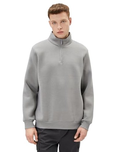 Yarım Fermuarlı Sweatshirt Basic Dik Yaka Ribanalı Uzun Kollu Şardonlu