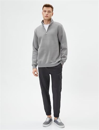 Yarım Fermuarlı Sweatshirt Basic Dik Yaka Ribanalı Uzun Kollu Şardonlu